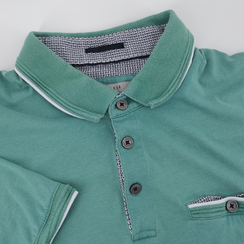 Ted Baker Geometric Trim Polo Shirt Green Short Sleeve Mens 5 Flaws